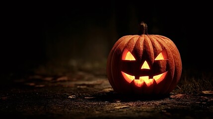 Carved halloween pumpkin glowing with an ominous expression, sitting on a dark ground with fallen autumn leaves, creating a spooky atmosphere on a trick or treat night