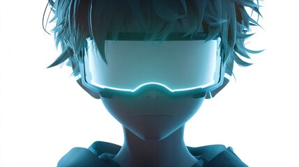 A shadowed face of a person is lit by a neon-glowing visor. Hair is messy, image is clean