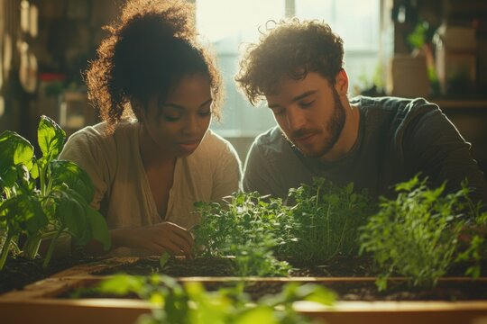 Two individuals cultivating a vibrant indoor herb garden, carefully tending to the young plants in warm, natural light.
