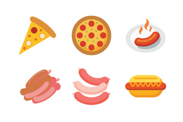 Delicious fast food icons featuring pizza hot dogs and sausages