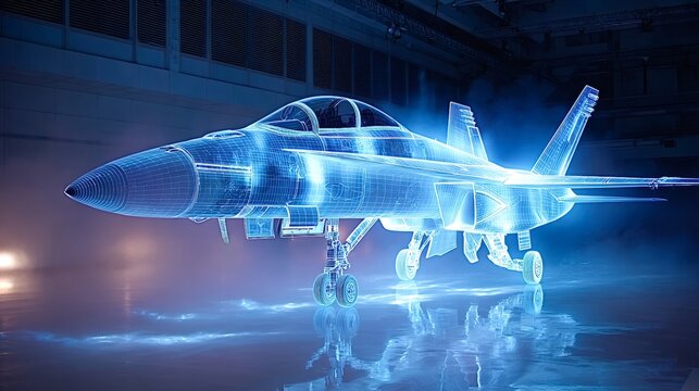 Fighter jet blueprint visualizing advanced aerospace engineering and design, presenting a modern military aircraft model as a glowing blue wireframe hologram in a dark hangar