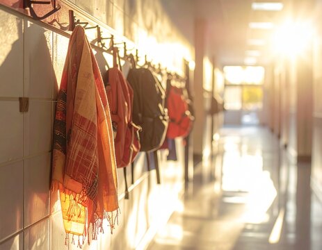 Row of School Backpacks Hanging on Hooks in Sunlit Hallway
