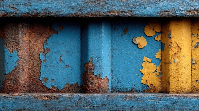 Weathered Metal: A Vibrant Display of Rust and Peeling Paint on a Textured Surface. Captivating Abstract Design