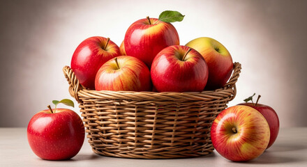 Fresh and ripe red apples in a wicker basket on a table, ready to eat and enjoy the healthy snack