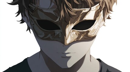 A person with brown curly hair wearing a gold mask, their face shadowed against a white backdrop