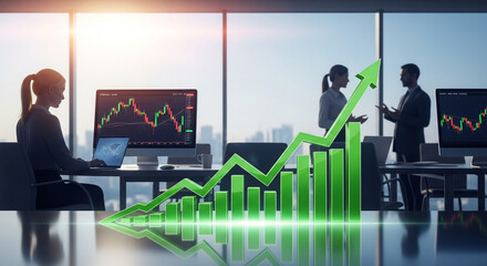 Obraz premium Businesswoman analyzing stock market data with growing chart in office, financial success and investment concept