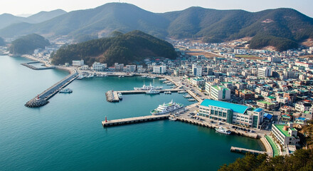 Aerial view of the beautiful jangseungpo harbor with the cityscape and the mountains in geoje, south korea