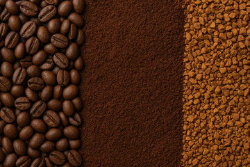 Coffee texture — roasted beans, ground coffee and instant coffee arranged in layers