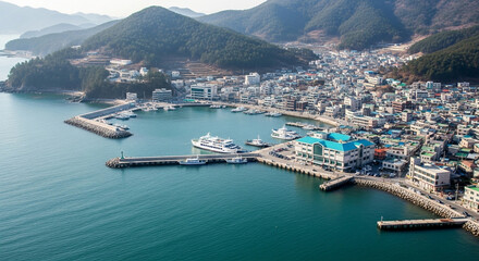Panoramic aerial view of the beautiful jangseungpo harbor with the cityscape and the mountains in geoje, south korea