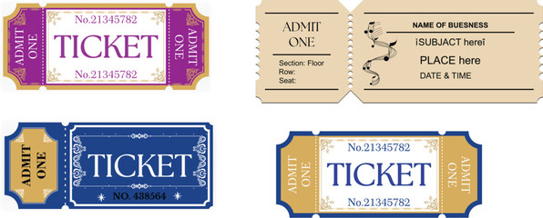Four vintage-style tickets with unique layouts and “ADMIT ONE” text—EPS vector for events and design.