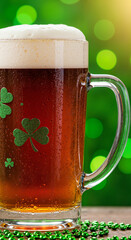 Glass of beer with shamrock decoration on a festive St. Patrick's Day background