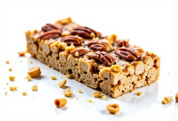 Crunchy Cereal and Nut Bar with Caramel Drizzle and Assorted Nuts on a White Background
