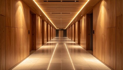Modern wooden corridor with sleek design and bright lighting creates serene atmosphere