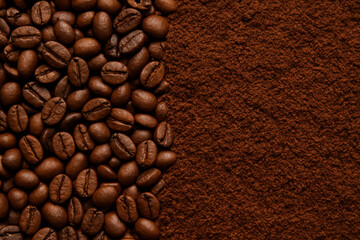 Coffee texture — roasted beans, ground coffee arranged in layers
