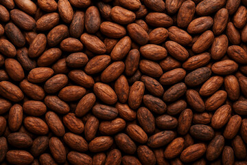 Close-up of dried cocoa beans in natural texture, brown seed background