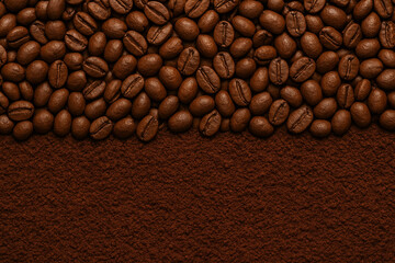 Coffee texture — roasted beans, ground coffee arranged in layers