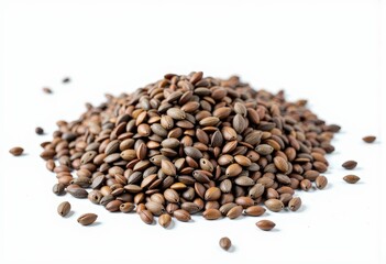 Fototapeta premium Close-up Image of a Pile of Raw Brown Uncooked Sorghum Grains on a White Background Highlighting their Natural Texture and Earthy Tone
