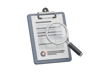 Clipboard with document and magnifying glass isolated on transparent background
