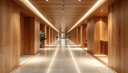 Modern wooden corridor with sleek design and bright lighting creates serene atmosphere