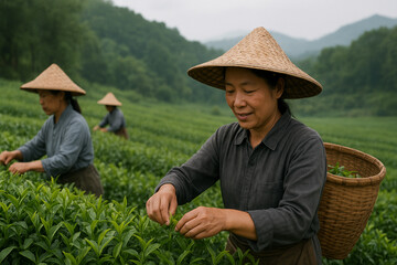 Tea picker on a plantation — traditional cultivation and harvesting of Chinese tea in the mountains