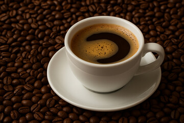 White cup of aromatic espresso on roasted coffee beans background
