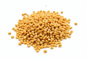 Fototapeta premium A heap of golden yellow soybeans intricately displayed against a pure white background, illustrating their natural texture and round shape in vivid detail