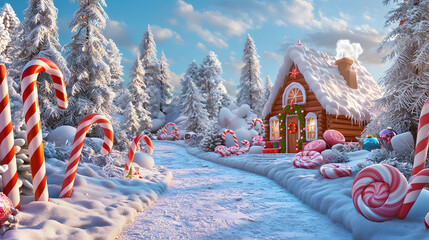 A fairytale snow-covered path leads to a cartoon Christmas house among candy canes and candy canes – a bright winter background with a Christmas theme