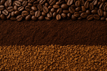 Coffee texture — roasted beans, ground coffee and instant coffee arranged in layers