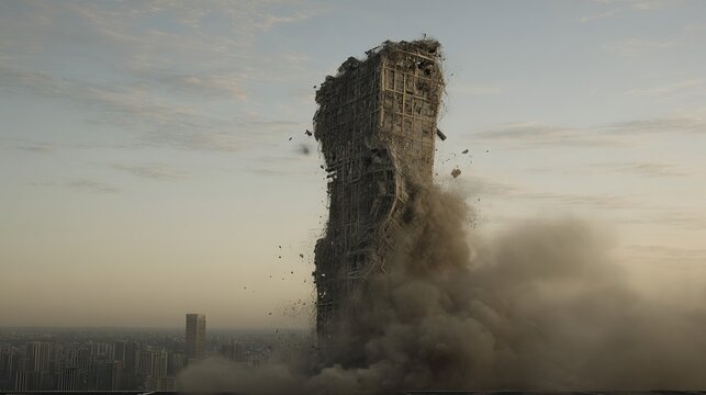 A building is in the process of collapsing with dust and debris flying everywhere in a large cloud.
