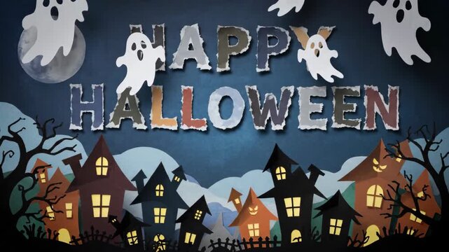 Halloween Paper Art Animation With Ghosts And Haunted Houses at Night