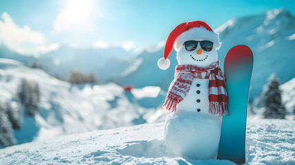 A cool snowman in sunglasses stands next to a snowboard on a snowy mountain against a blue sunny sky