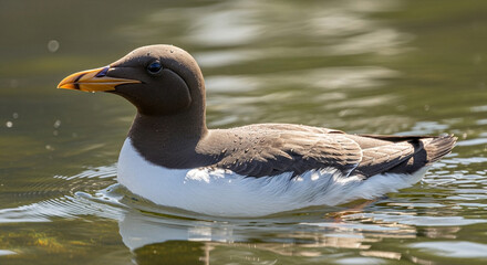 Close up of a razorbill swimming in the water on a sunny day at the seaside wildlife and nature concept