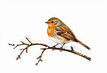 Obraz premium Vibrant Robin Perched on a Snow-Covered Branch Captured in Detailed Illustration Against a Crisp White Background