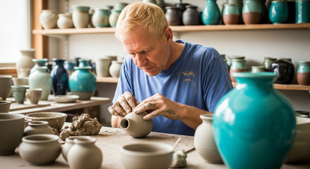 Concentrated senior man shaping a clay vase on a pottery wheel in his workshop surrounded by his creations