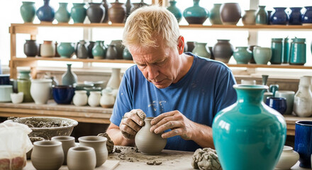 Focused senior man shaping a clay vase on a pottery wheel in his workshop surrounded by his pottery creations