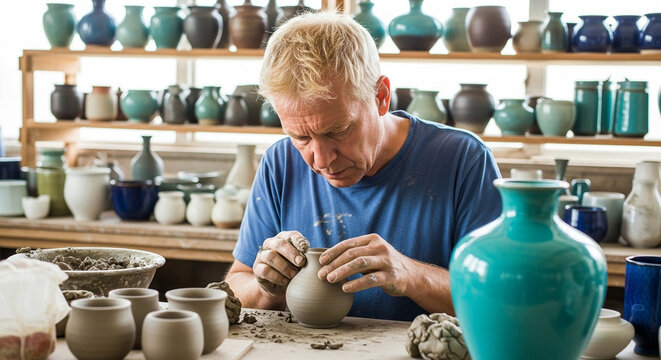 Focused senior man shaping a clay vase on a pottery wheel in his workshop surrounded by his pottery creations