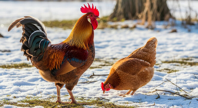 A rooster and a hen are standing in the snow on a sunny day, looking for food in the winter season in the field