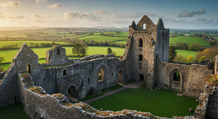 Ancient stone castle ruins surrounded by lush green fields and rolling hills for St. Patrick's Day celebration, copy space
