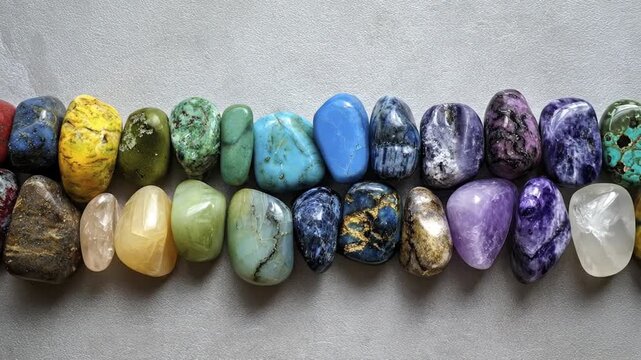 A visually appealing close-up captures an exquisite array of polished gemstones and crystals, meticulously arranged in parallel rows against a neutral, textured background. Each stone boasts a unique 