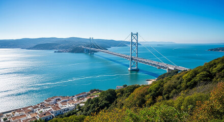 A stunning view of the akashi kaikyo bridge, the worlds longest suspension bridge, spanning the akashi strait in japan