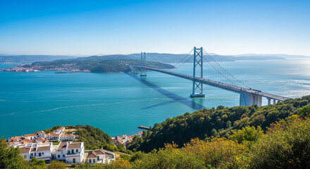 A breathtaking view of the 25 de abril bridge, a suspension bridge connecting lisbon to almada over the tagus river in portugal