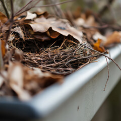 Empty bird nest with dry leaves in roof gutter closeup