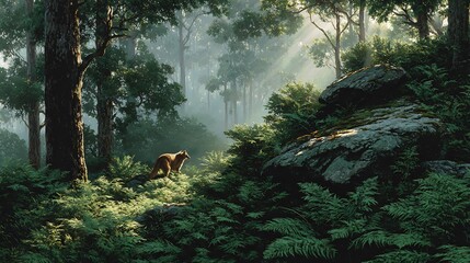 Stunning fox in a misty forest glade with sunlight streaming through trees, creating a magical and enchanting wilderness scene for nature lovers