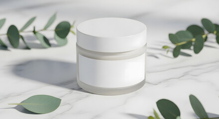 Cosmetic Cream Jar Mockup on Marble with Eucalyptus Leaves