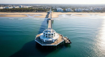 Aerial view of the iconic umhlanga pier stretching out into the indian ocean on a sunny day in kwazulunatal, south africa