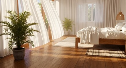Fototapeta premium Serene minimalist bedroom interior with sunlight streaming through sheer white curtains, wooden bed frame, cozy natural textures, and lush indoor plants creating peaceful and airy morning atmosphere