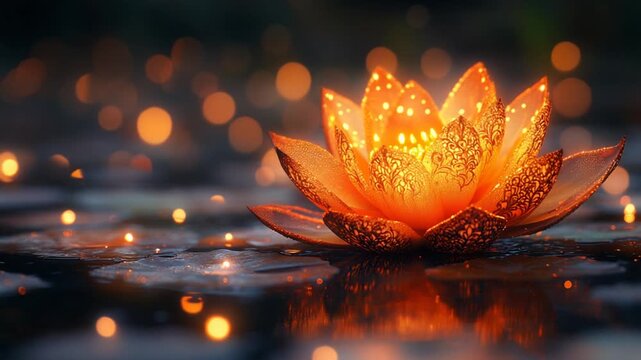 Glowing Orange Lotus Flower Lantern Floating on Serene Water at Night.