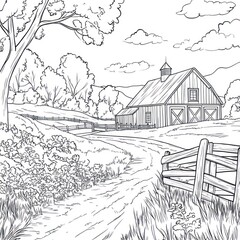 Fototapeta premium Countryside scene, coloring book, rural landscape, farm