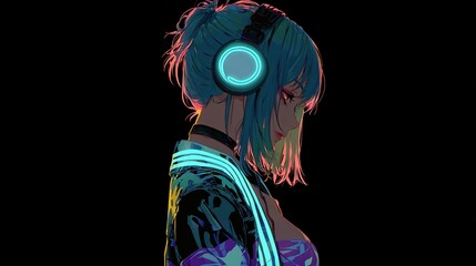 Anime-styled woman with cyan hair and neon accents, including headphones and a jacket, against black