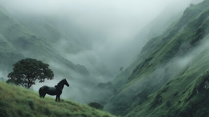 Stunning black horse standing majestically in a misty green mountain valley, perfect for nature, travel, or equestrian themed projects and campaigns